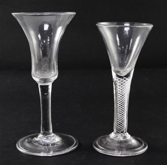 An airtwist stem ale glass and a plain stem ale or wine glass, c.1740-50, 16cm and 17.5cm